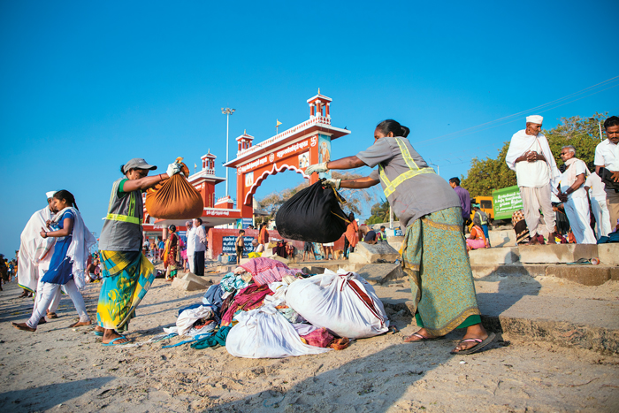On average, each day, about one ton of clothes are collected from the shores left by the devotees visiting from across the country. On special and auspicious days, it can go up to 4-5 tons