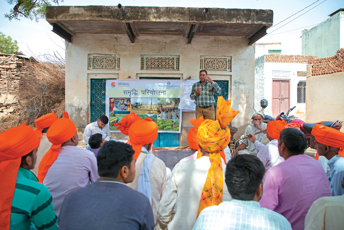 Gram Sangathan at Untoli village, Behror is conducting a meeting with the local committee. This important intervention by PRIF has helped
villagers become self-sufficient in the management of local work for the betterment of village and the community under the Samridhi program.